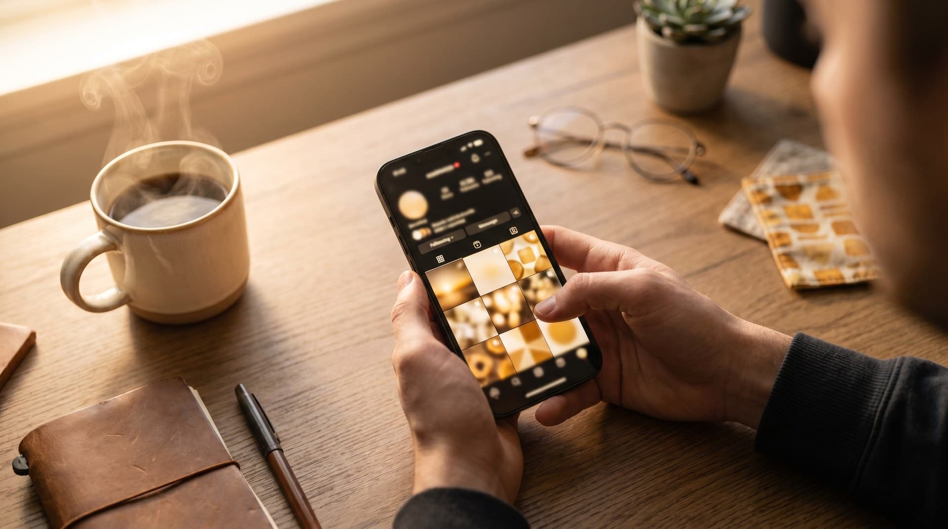 Top-down: handen met smartphone, content-feed op het scherm