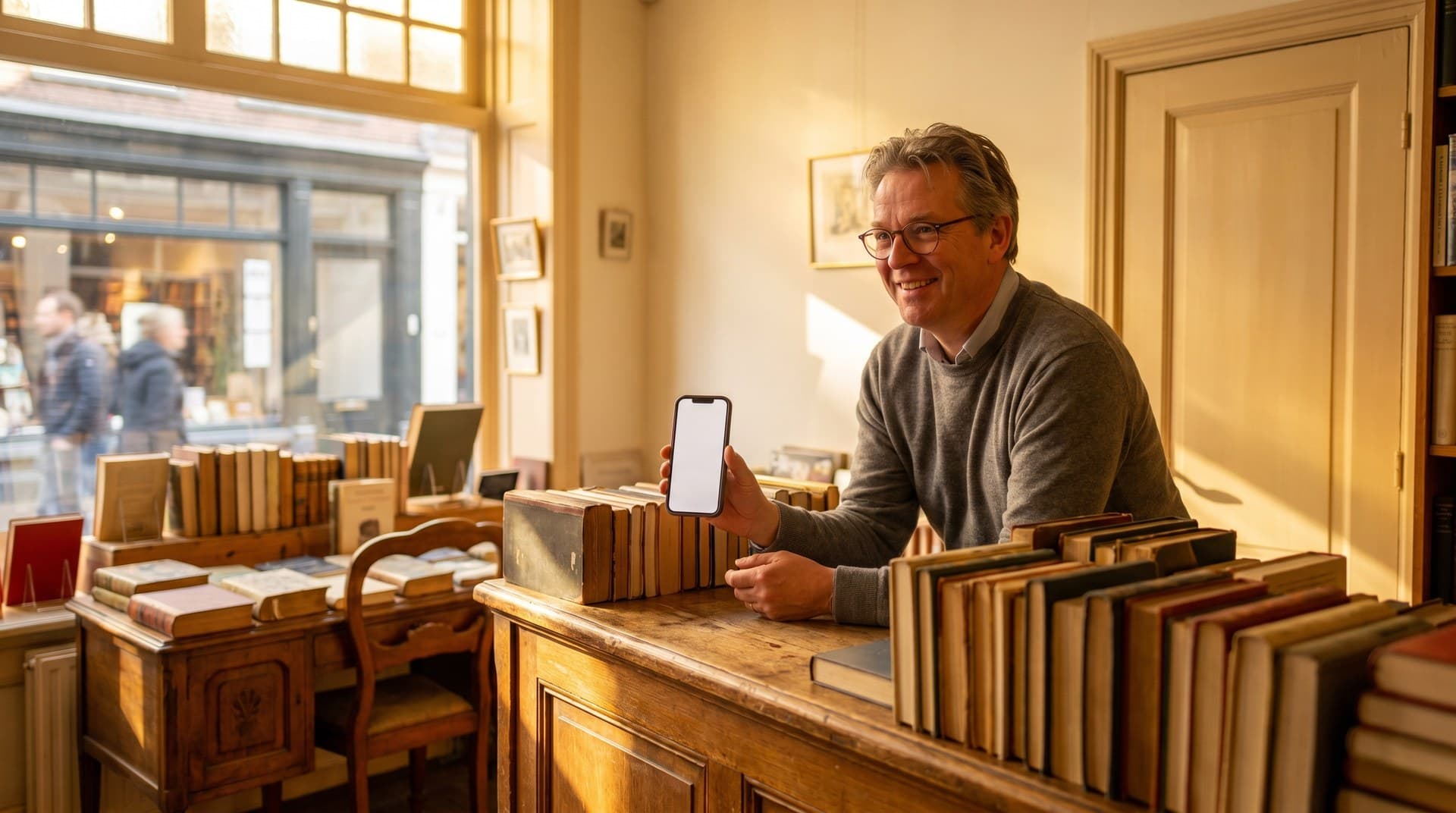 MKB-eigenaar van een lokale winkel kijkt glimlachend naar een telefoon